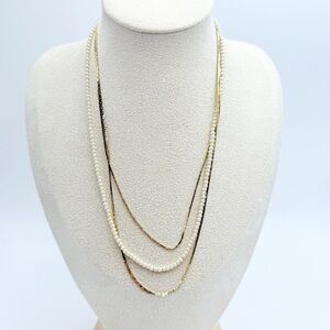 Vintage Multi-Layer Faux Pearl and Gold-Tone Chain Necklace Statement Jewelry